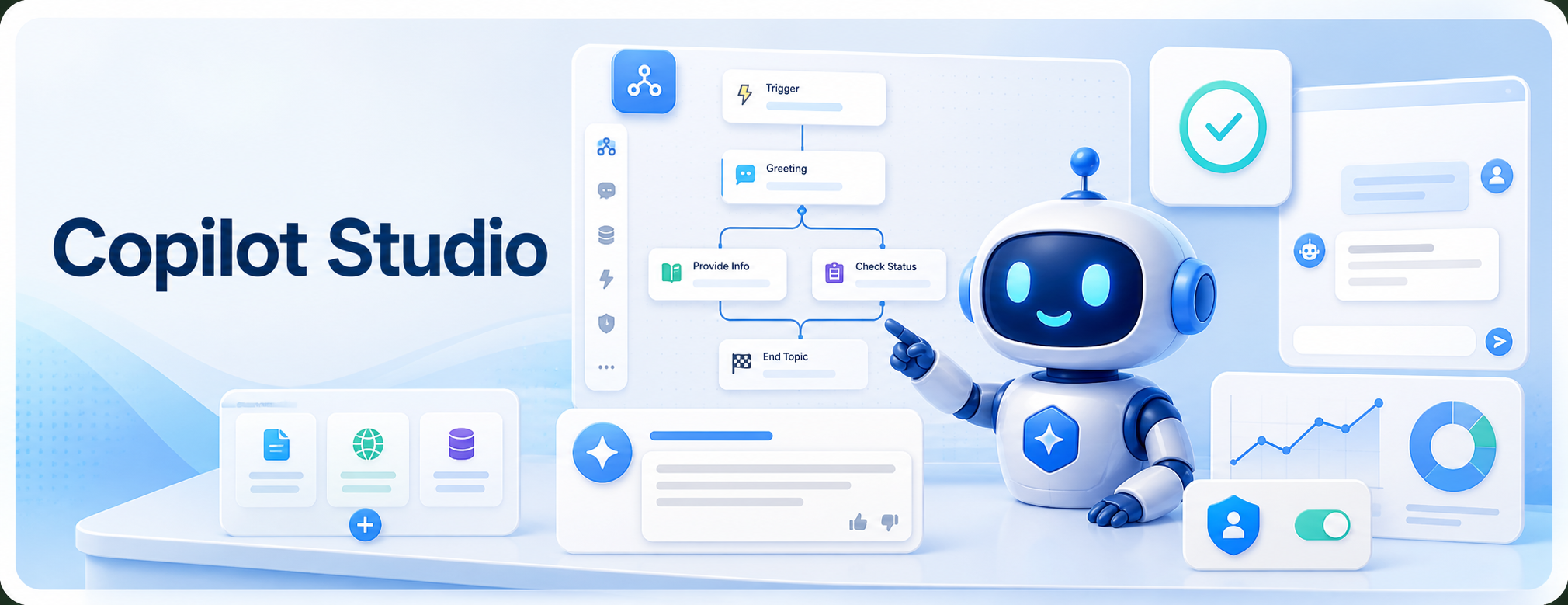 Copilot Studio hero banner showing AI agent builder flows, a robot assistant, knowledge sources, testing, publishing, and analytics
