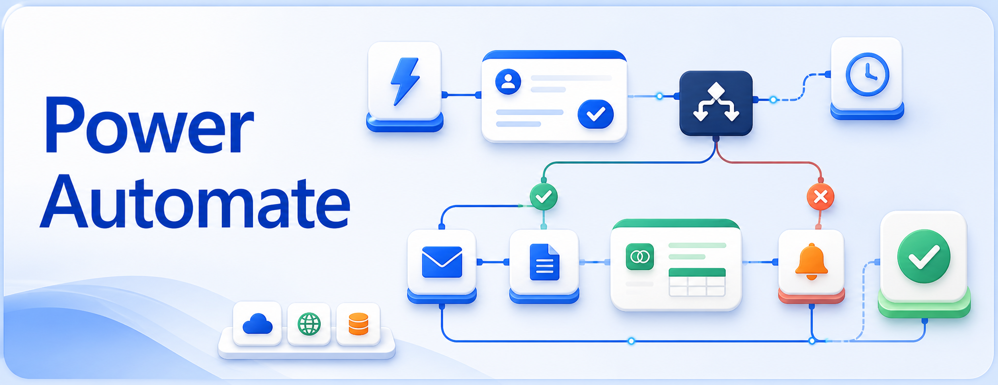 Power Automate hero banner showing workflow automation, triggers, conditions, approvals, and success checks