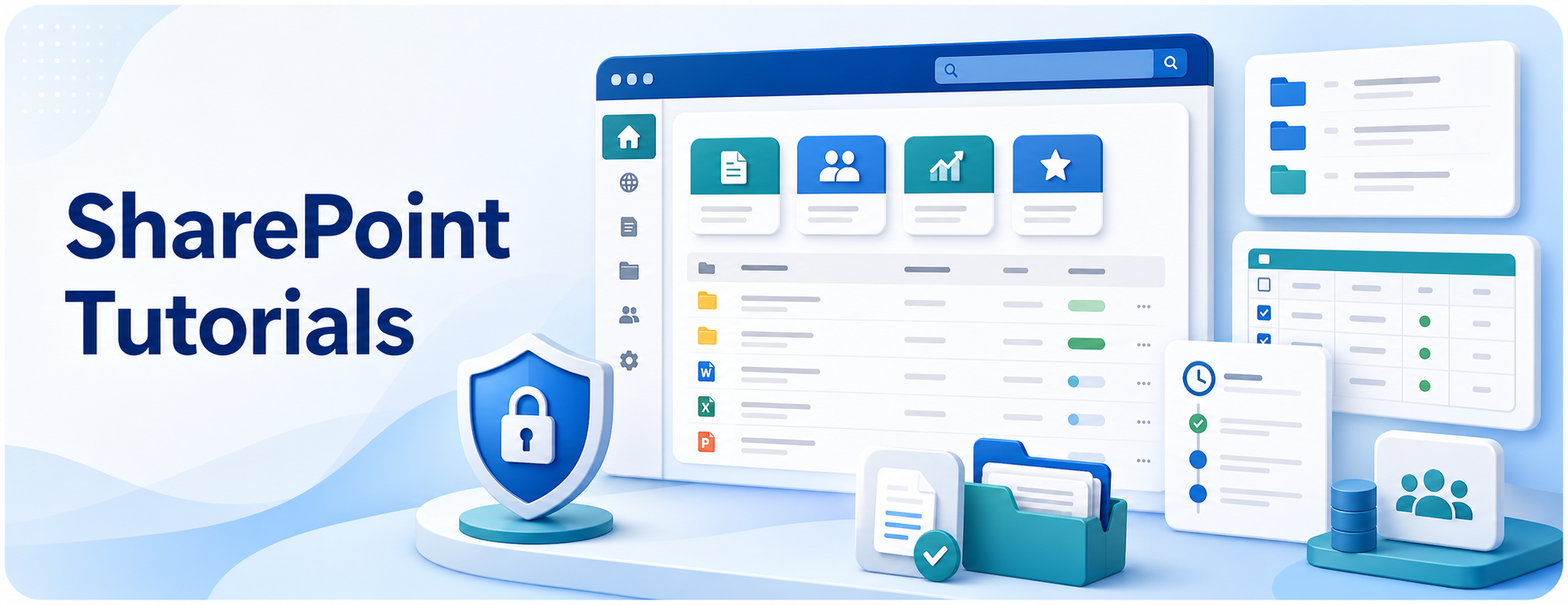 SharePoint Tutorials hero banner showing sites, document libraries, metadata, permissions, and collaboration